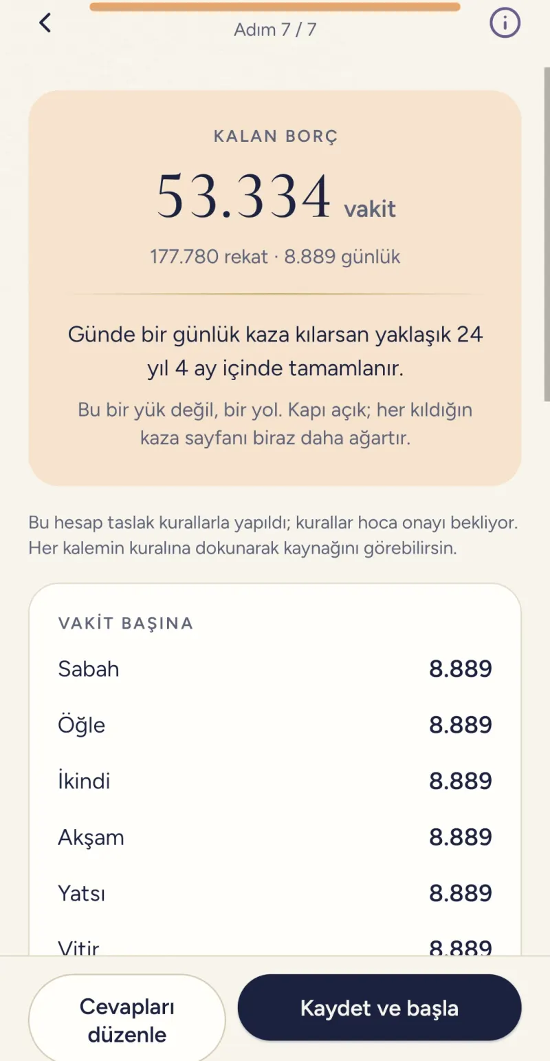 Saye hesap sonucu ekranı: kalan 53.334 vakit, günde bir günlük kazayla yaklaşık 24 yıl 4 ay; altında vakit başına döküm.